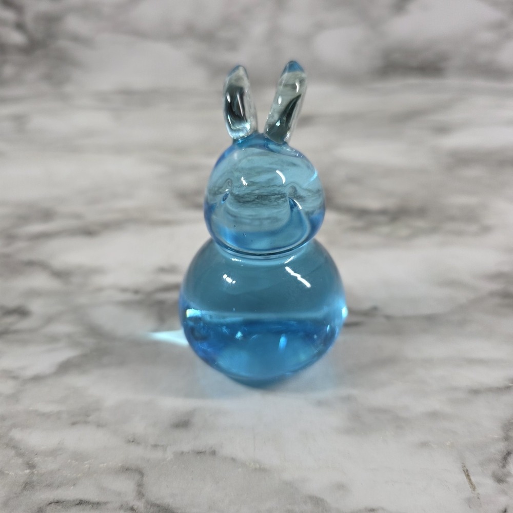 Hand Blown Rabbit Aqua Blue Glass Paperweight Figurine EUC